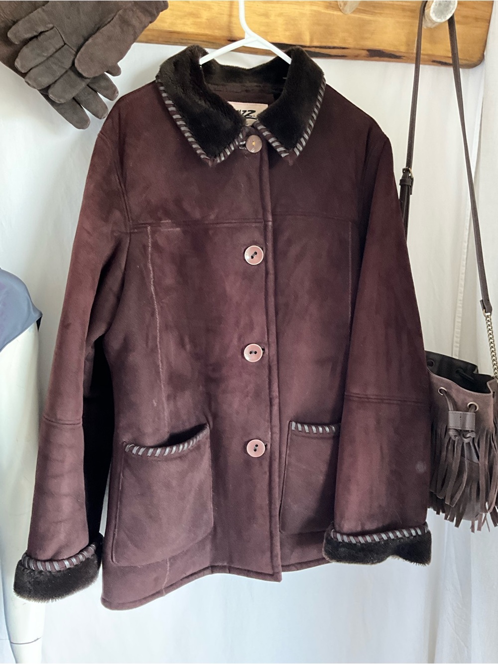 Pizazz Faux Suede Shearling Coat L Brown Whipstitch Boho Western 70s